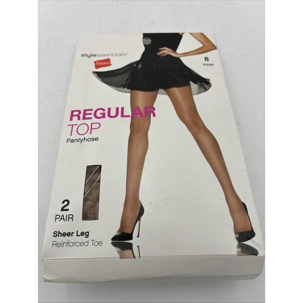 Hanes Regular Top Pantyhose Reinforced Toe Sheer Leg Size B Nude (2 Pair)